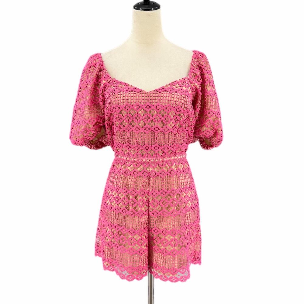 Adelyn Rae Praya Tie Back Crochet Scalloped Sweetheart Feminine Pink Lace Romper